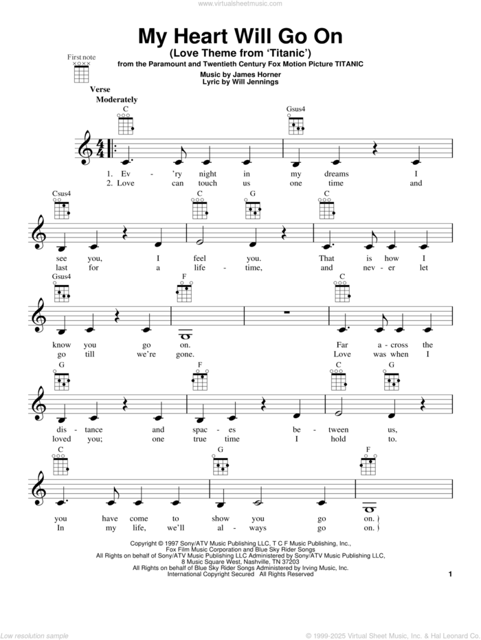 My Heart Will Go On (Love Theme From 'Titanic') sheet music for ukulele by Celine Dion, wedding score, intermediate skill level