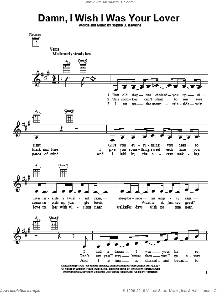 Damn, I Wish I Was Your Lover sheet music for ukulele by Sophie B. Hawkins, intermediate skill level