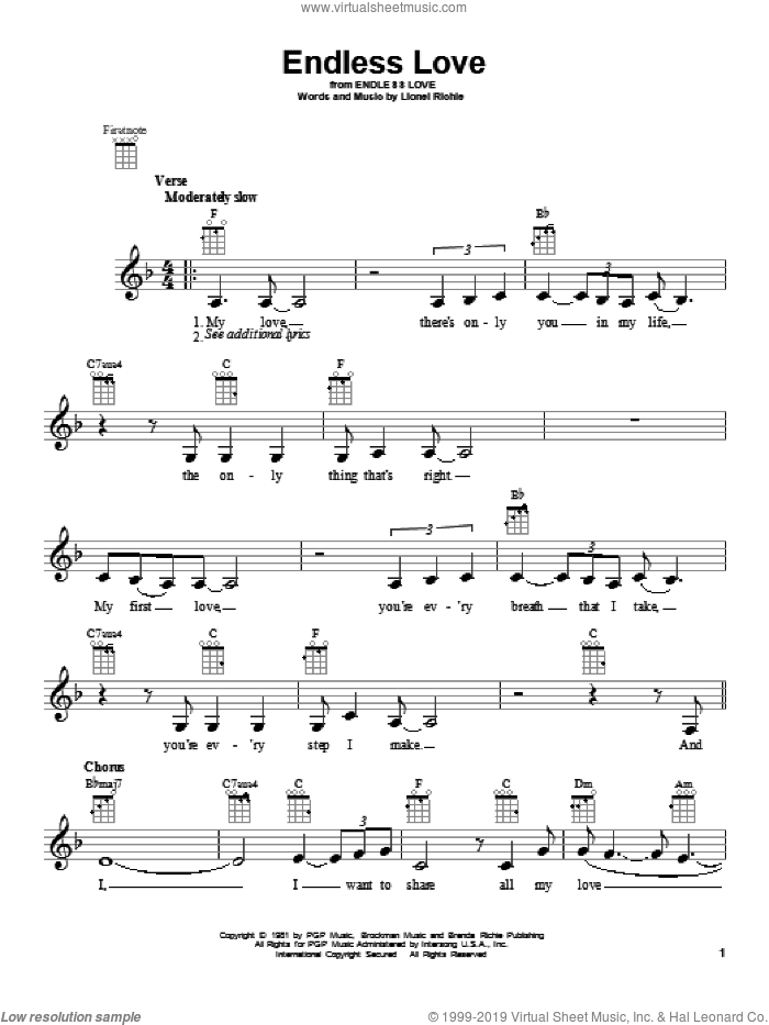 Endless Love sheet music for ukulele by Diana Ross & Lionel Richie, wedding score, intermediate skill level