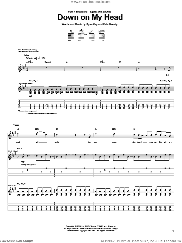 Down On My Head sheet music for guitar (tablature) by Yellowcard, Pete Mosely and Ryan Key, intermediate skill level