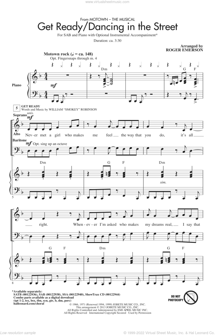Get Ready/Dancing In The Street (from Motown The Musical) sheet music for choir (SAB: soprano, alto, bass) by Roger Emerson, intermediate skill level