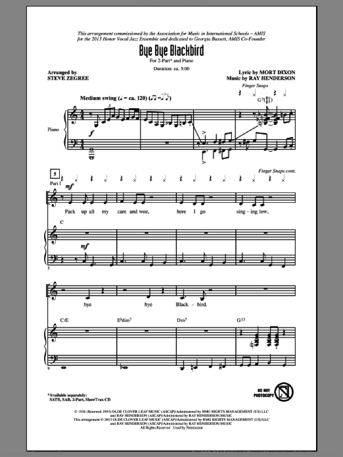 Bye Bye Blackbird sheet music for choir (2-Part) by Steve Zegree, intermediate duet