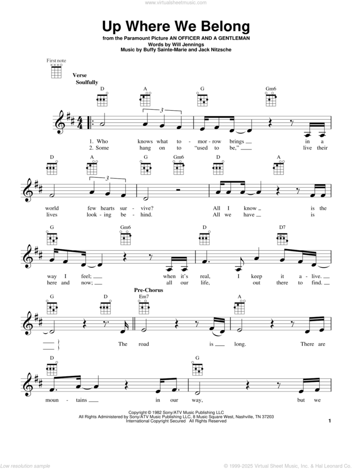 Up Where We Belong sheet music for ukulele by Joe Cocker & Jennifer Warnes and BeBe and CeCe Winans, intermediate skill level