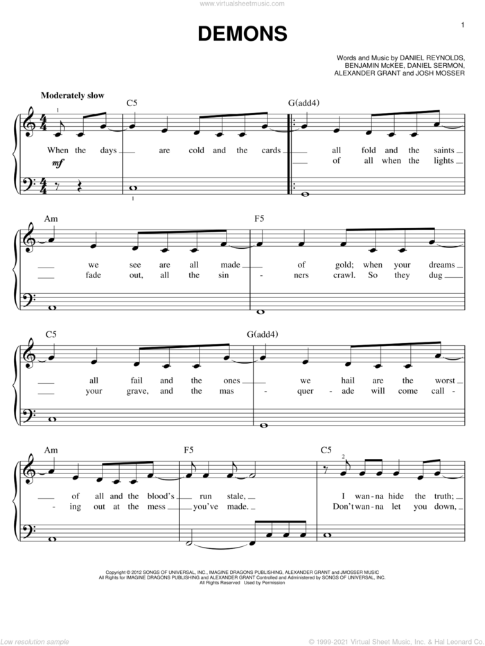Demons sheet music for piano solo by Imagine Dragons, beginner skill level