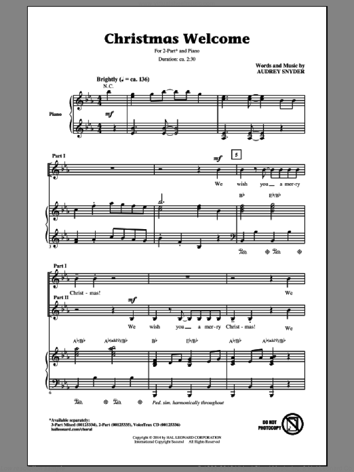 Christmas Welcome sheet music for choir (2-Part) by Audrey Snyder, intermediate duet