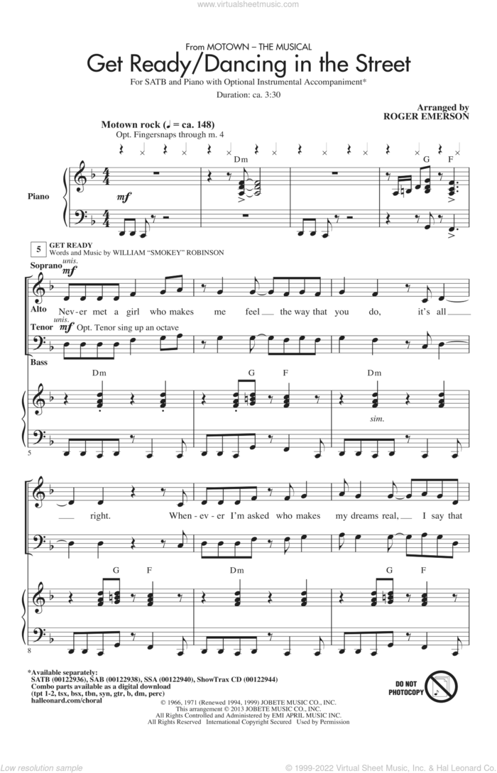 Get Ready/Dancing In The Street (from Motown The Musical) sheet music for choir (SATB: soprano, alto, tenor, bass) by Roger Emerson, intermediate skill level