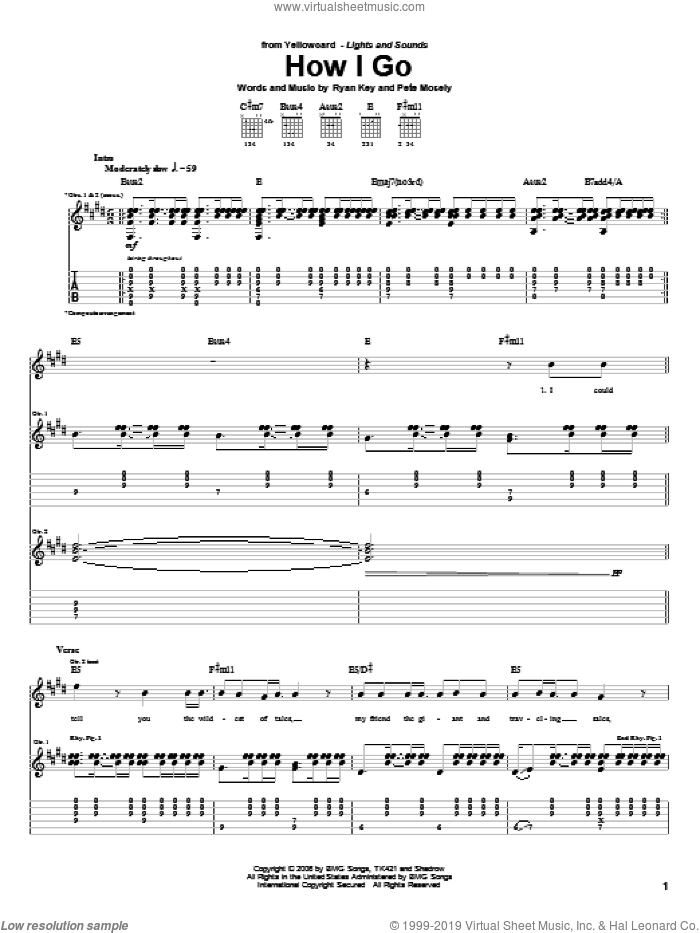 How I Go sheet music for guitar (tablature) by Yellowcard, Pete Mosely and Ryan Key, intermediate skill level
