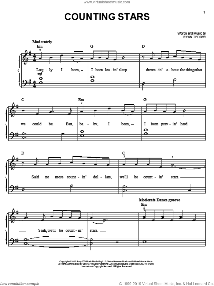 Counting Stars, (beginner) sheet music for piano solo by OneRepublic, beginner skill level