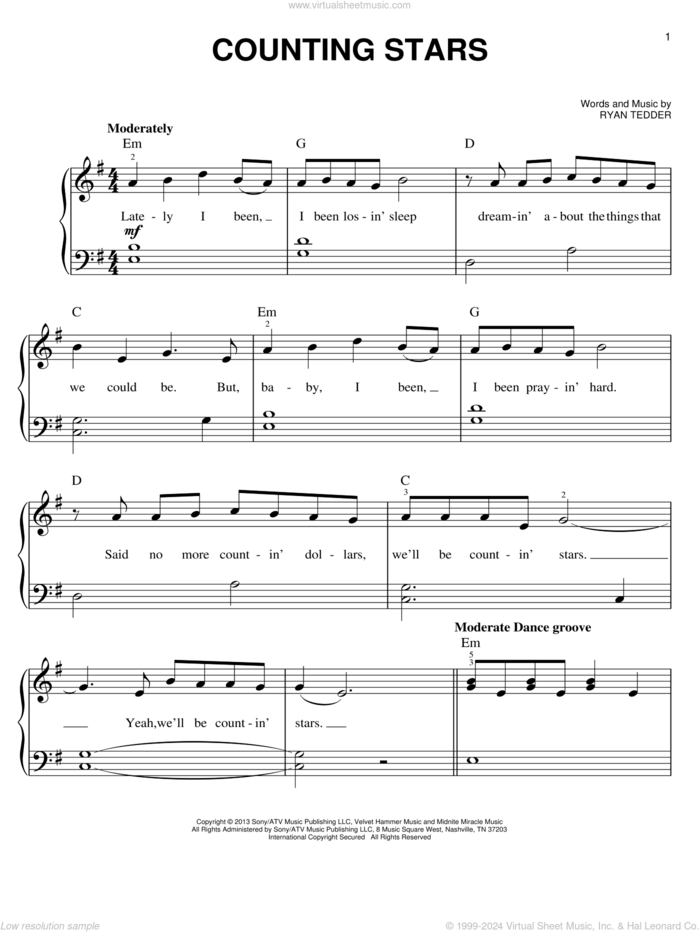 Counting Stars, (beginner) sheet music for piano solo by OneRepublic, beginner skill level