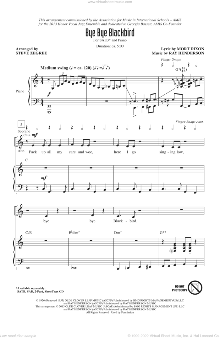 Bye Bye Blackbird sheet music for choir (SATB: soprano, alto, tenor, bass) by Steve Zegree, intermediate skill level