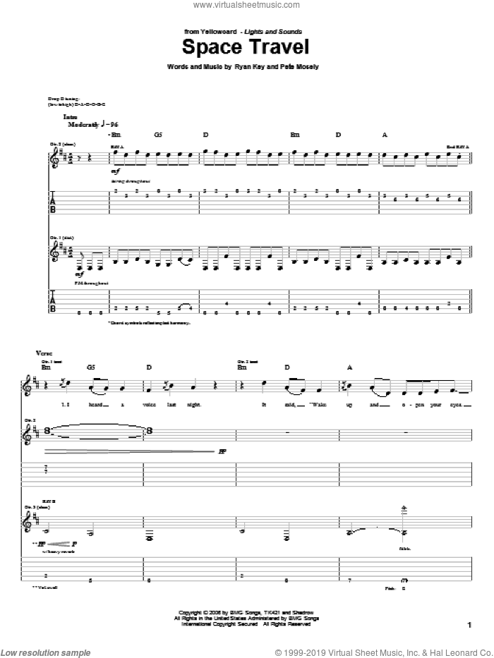 Space Travel sheet music for guitar (tablature) by Yellowcard, Pete Mosely and Ryan Key, intermediate skill level