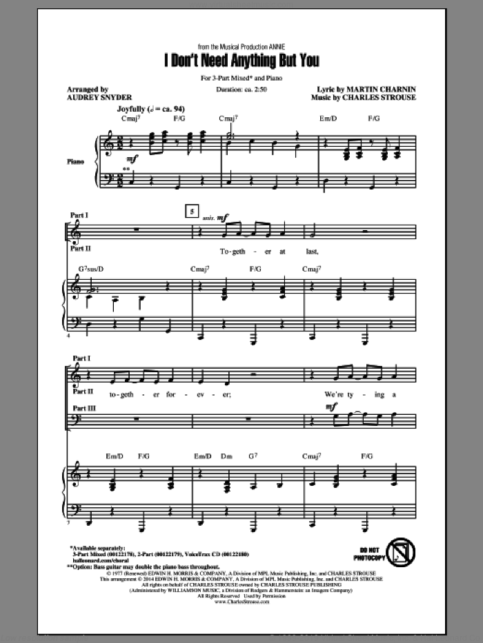 I Don't Need Anything But You sheet music for choir (3-Part Mixed) by Audrey Snyder, intermediate skill level
