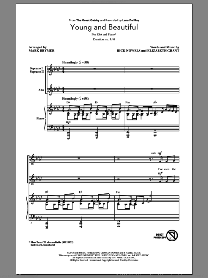 Young And Beautiful sheet music for choir (SSA: soprano, alto) by Mark Brymer and Lana Del Rey, intermediate skill level