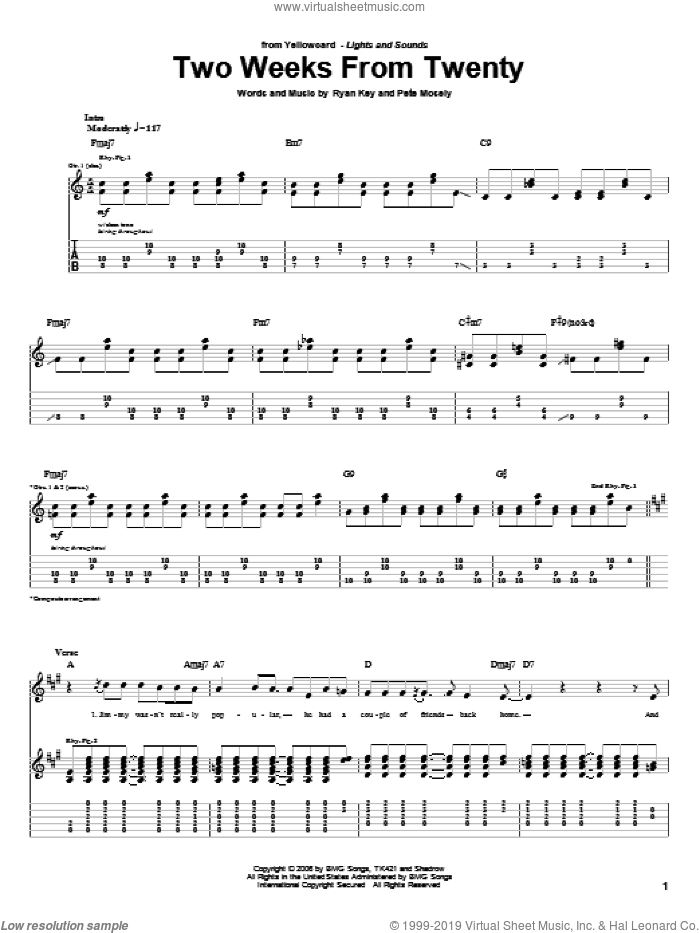Two Weeks From Twenty sheet music for guitar (tablature) by Yellowcard, Pete Mosely and Ryan Key, intermediate skill level