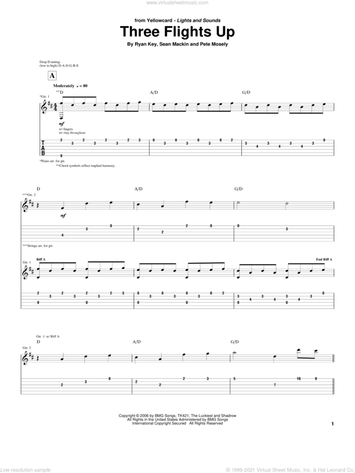 Three Flights Up sheet music for guitar (tablature) by Yellowcard, Pete Mosely, Ryan Key and Sean Mackin, intermediate skill level