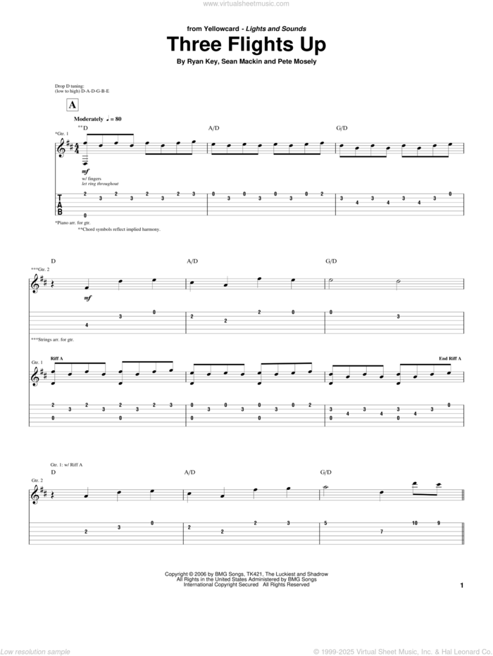 Three Flights Up sheet music for guitar (tablature) by Yellowcard, Pete Mosely, Ryan Key and Sean Mackin, intermediate skill level