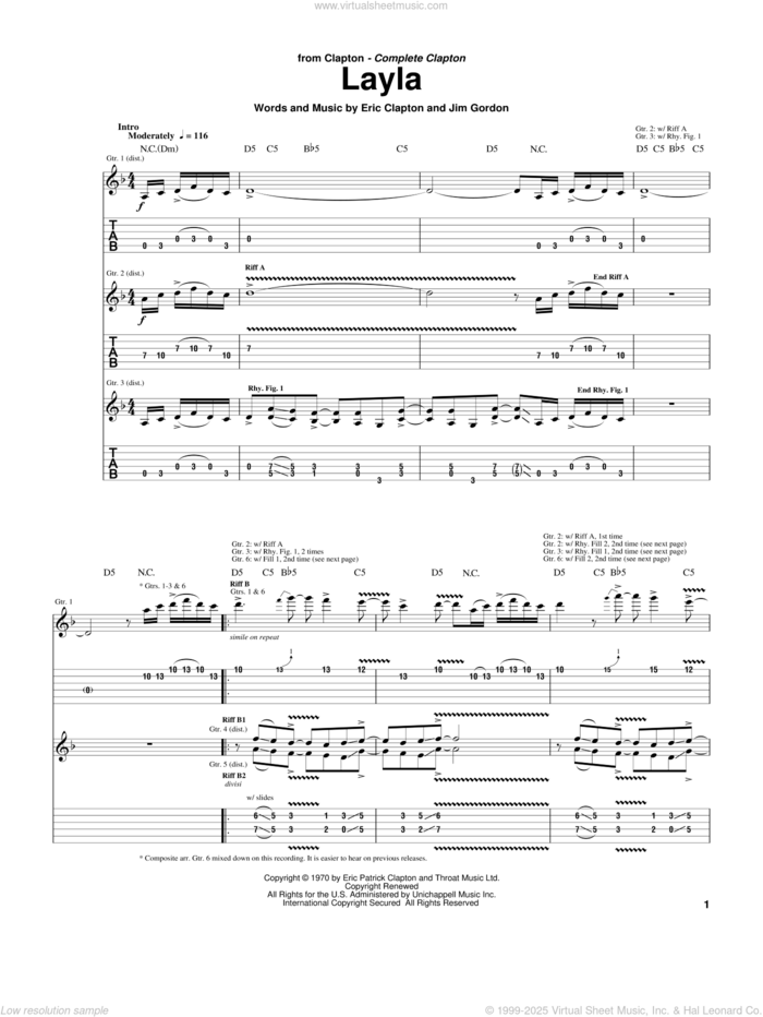 Layla sheet music for guitar (tablature) by Eric Clapton, Derek And The Dominos and Jim Gordon, intermediate skill level