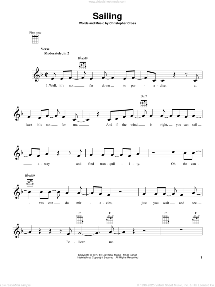 Sailing sheet music for ukulele by Christopher Cross, intermediate skill level