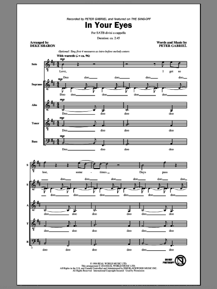 In Your Eyes sheet music for choir (SATB: soprano, alto, tenor, bass) by Deke Sharon and Peter Gabriel, intermediate skill level