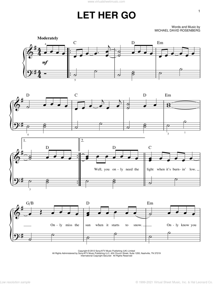 Let Her Go, (beginner) sheet music for piano solo by Passenger, beginner skill level