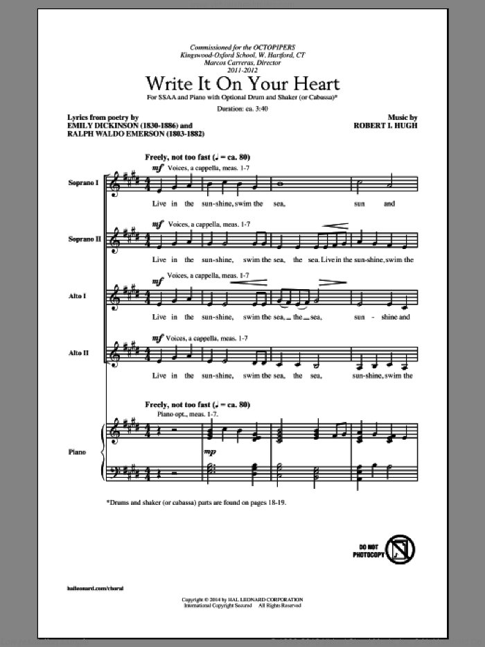 Write It On Your Heart sheet music for choir (SSA: soprano, alto) by Robert Hugh, Emily Dickinson and Ralph Waldo Emerson, intermediate skill level