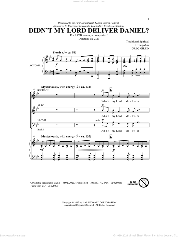 Didn't My Lord Deliver Daniel? sheet music for choir (SATB: soprano, alto, tenor, bass) by Greg Gilpin, intermediate skill level