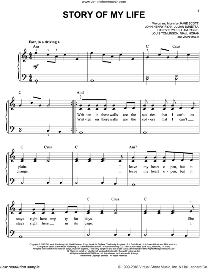 Story Of My Life, (easy) sheet music for piano solo by One Direction, easy skill level