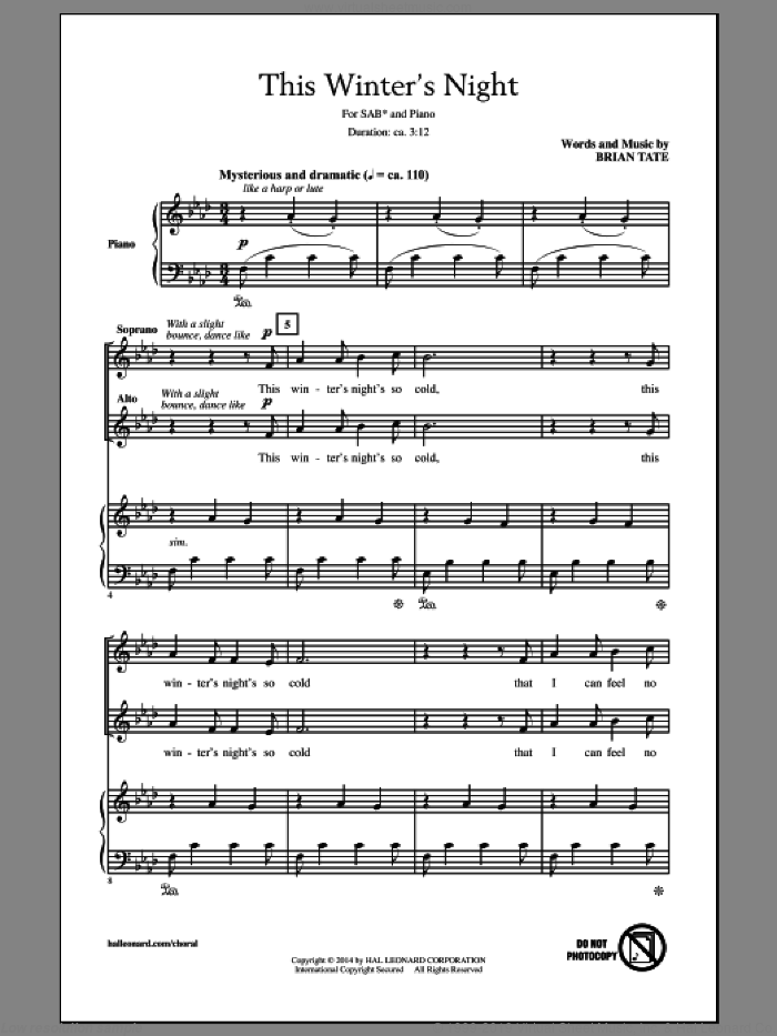 This Winter's Night sheet music for choir (SAB: soprano, alto, bass) by Brian Tate, intermediate skill level