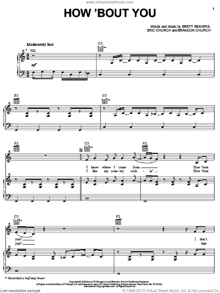 How 'Bout You sheet music for voice, piano or guitar by Eric Church, Brandon Church and Brett Beavers, intermediate skill level