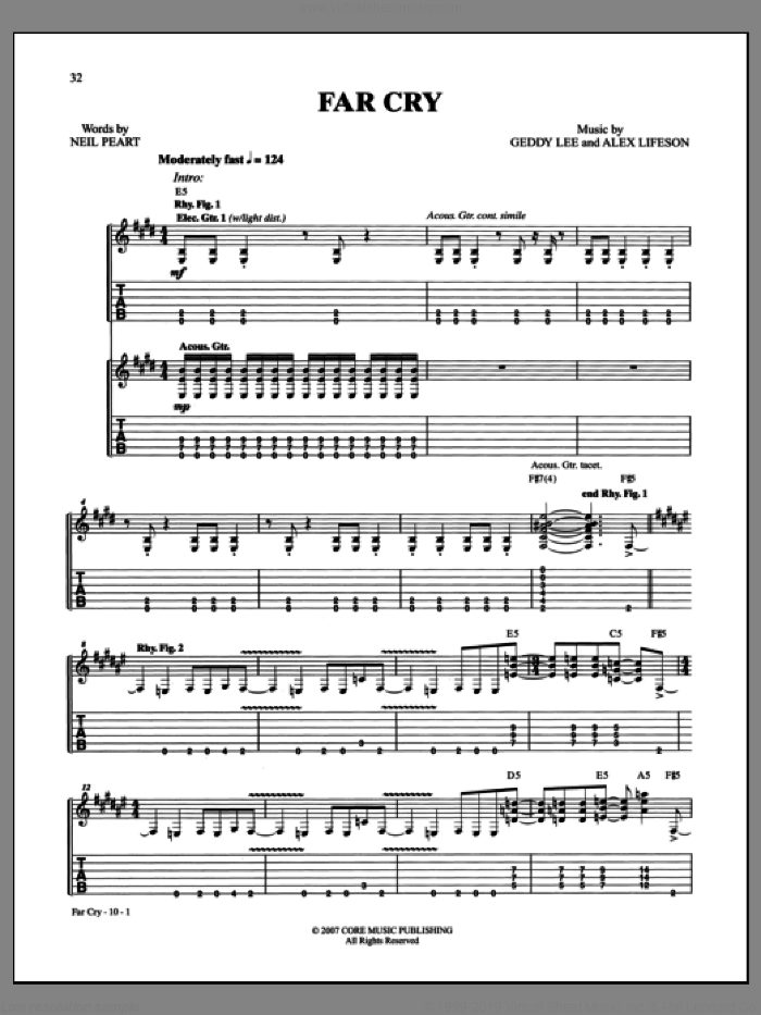 Far Cry sheet music for guitar (tablature) by Rush, intermediate skill level