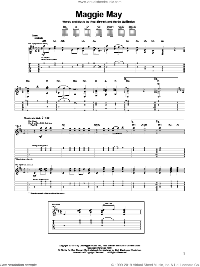 Maggie May sheet music for guitar (tablature) by Rod Stewart and Martin Quittenton, intermediate skill level