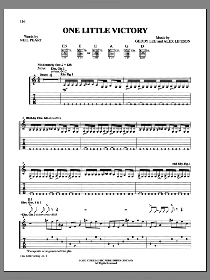 One Little Victory sheet music for guitar (tablature) by Rush, intermediate skill level