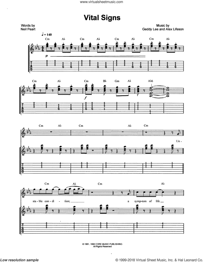 Vital Signs sheet music for guitar (tablature) by Rush, intermediate skill level