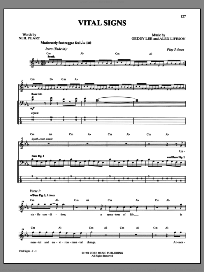 Vital Signs sheet music for bass (tablature) (bass guitar) by Rush, intermediate skill level