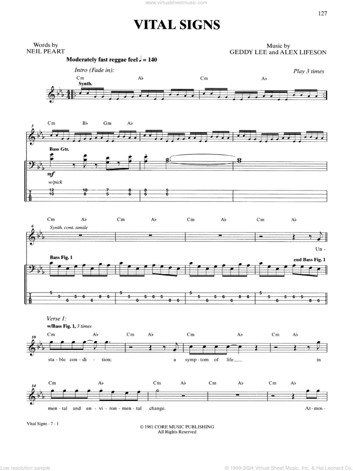 Vital Signs sheet music for bass (tablature) (bass guitar) by Rush, intermediate skill level