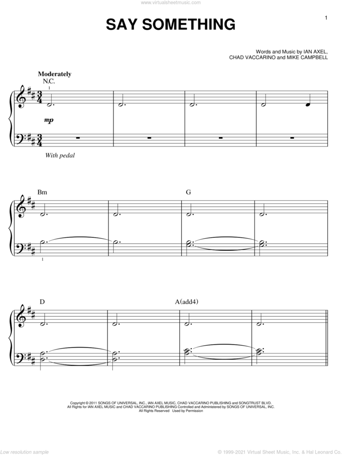Say Something, (beginner) sheet music for piano solo by A Great Big World, beginner skill level