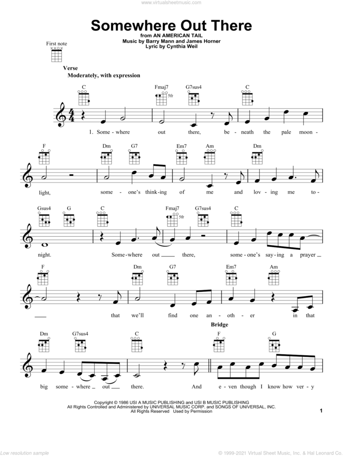 Somewhere Out There sheet music for ukulele by Linda Ronstadt & James Ingram, intermediate skill level