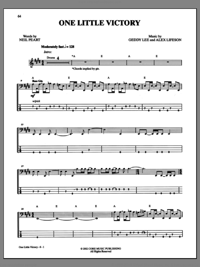One Little Victory sheet music for bass (tablature) (bass guitar) by Rush, intermediate skill level