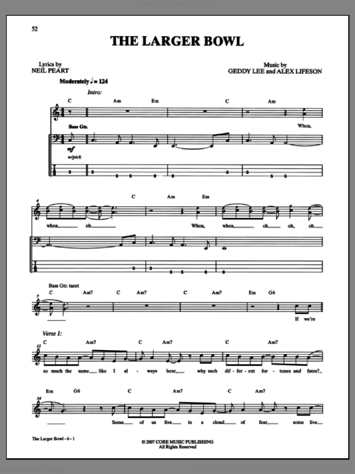 The Larger Bowl sheet music for bass (tablature) (bass guitar) by Rush, intermediate skill level