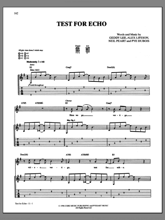 Test For Echo sheet music for guitar (tablature) by Rush, intermediate skill level