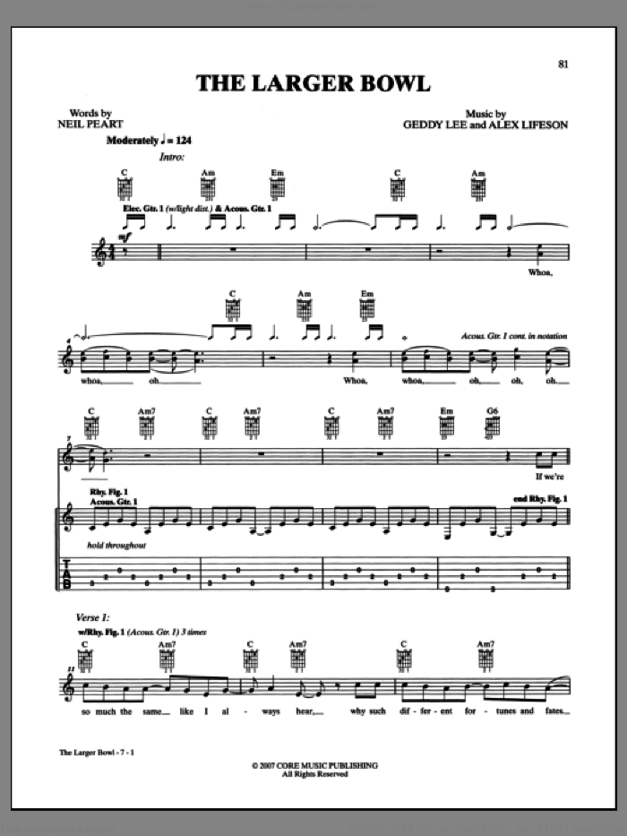 The Larger Bowl sheet music for guitar (tablature) by Rush, intermediate skill level