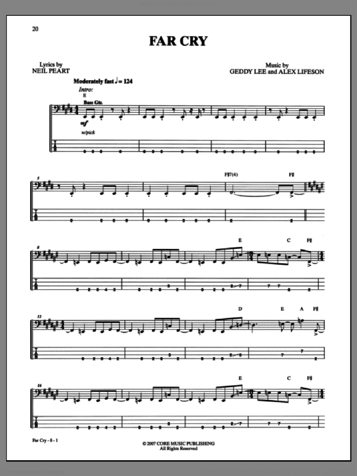 Far Cry sheet music for bass (tablature) (bass guitar) by Rush, intermediate skill level