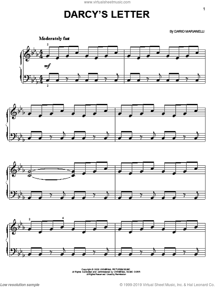 Darcy's Letter (from Pride And Prejudice) sheet music for piano solo by Dario Marianelli and Pride & Prejudice (Movie), easy skill level