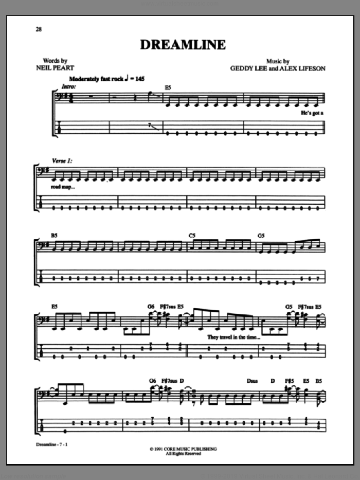 Dreamline sheet music for bass (tablature) (bass guitar) by Rush, intermediate skill level