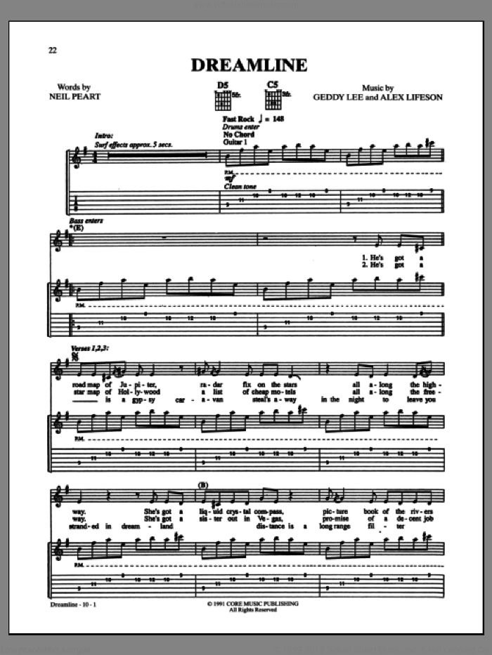 Dreamline sheet music for guitar (tablature) by Rush, intermediate skill level