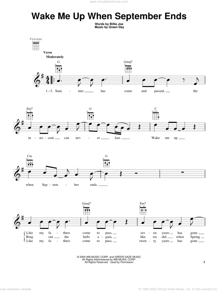 Wake Me Up When September Ends sheet music for ukulele by Green Day, intermediate skill level