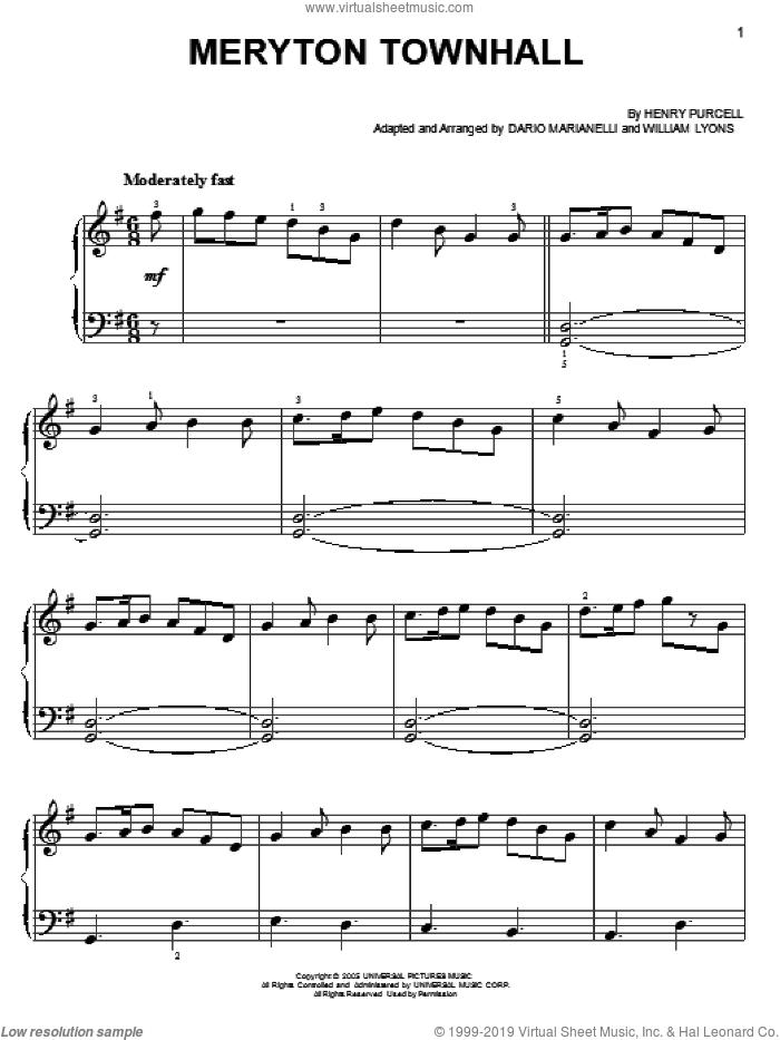 Meryton Townhall (from Pride And Prejudice) sheet music for piano solo by Dario Marianelli, Pride & Prejudice (Movie), Dario Marianelli (arr.), Henry Purcell and William Lyons, easy skill level
