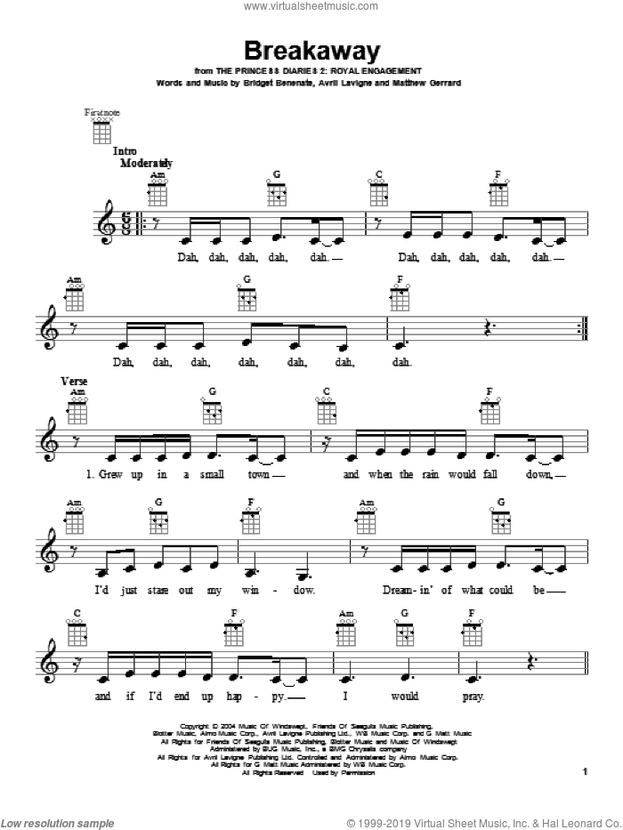 Breakaway sheet music for ukulele by Kelly Clarkson, intermediate skill level