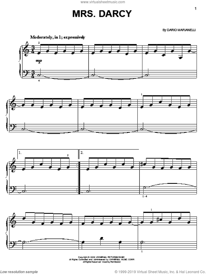 Mrs. Darcy (from Pride And Prejudice), (easy) sheet music for piano solo by Dario Marianelli and Pride & Prejudice (Movie), easy skill level
