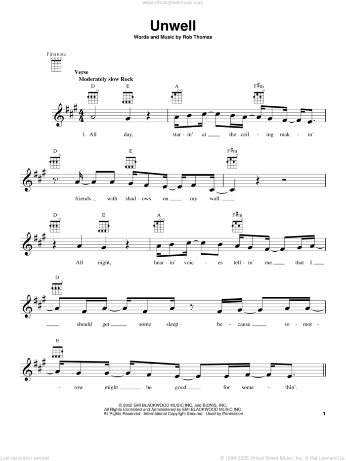 Unwell sheet music for ukulele by Matchbox Twenty, intermediate skill level